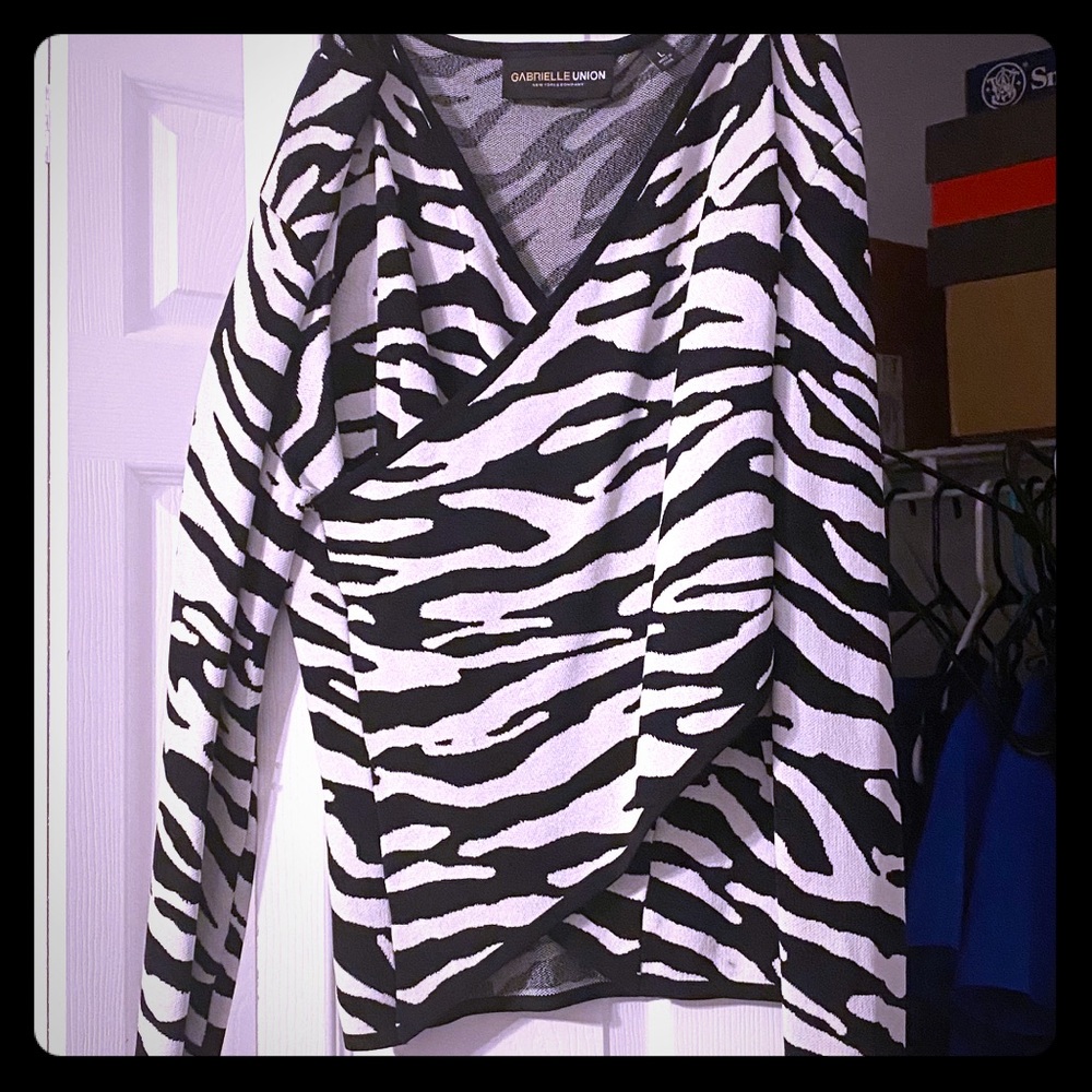 Gabrielle Union long sleeve zebra print wrap sweater